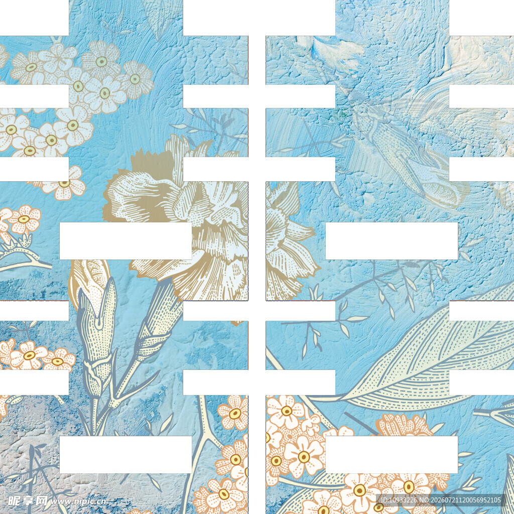蓝底花卉喜字