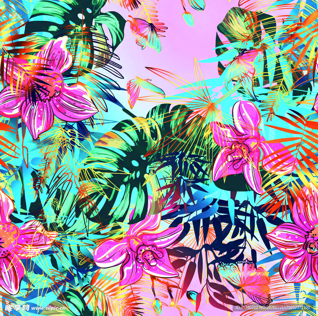 热带花卉植物绚丽插画