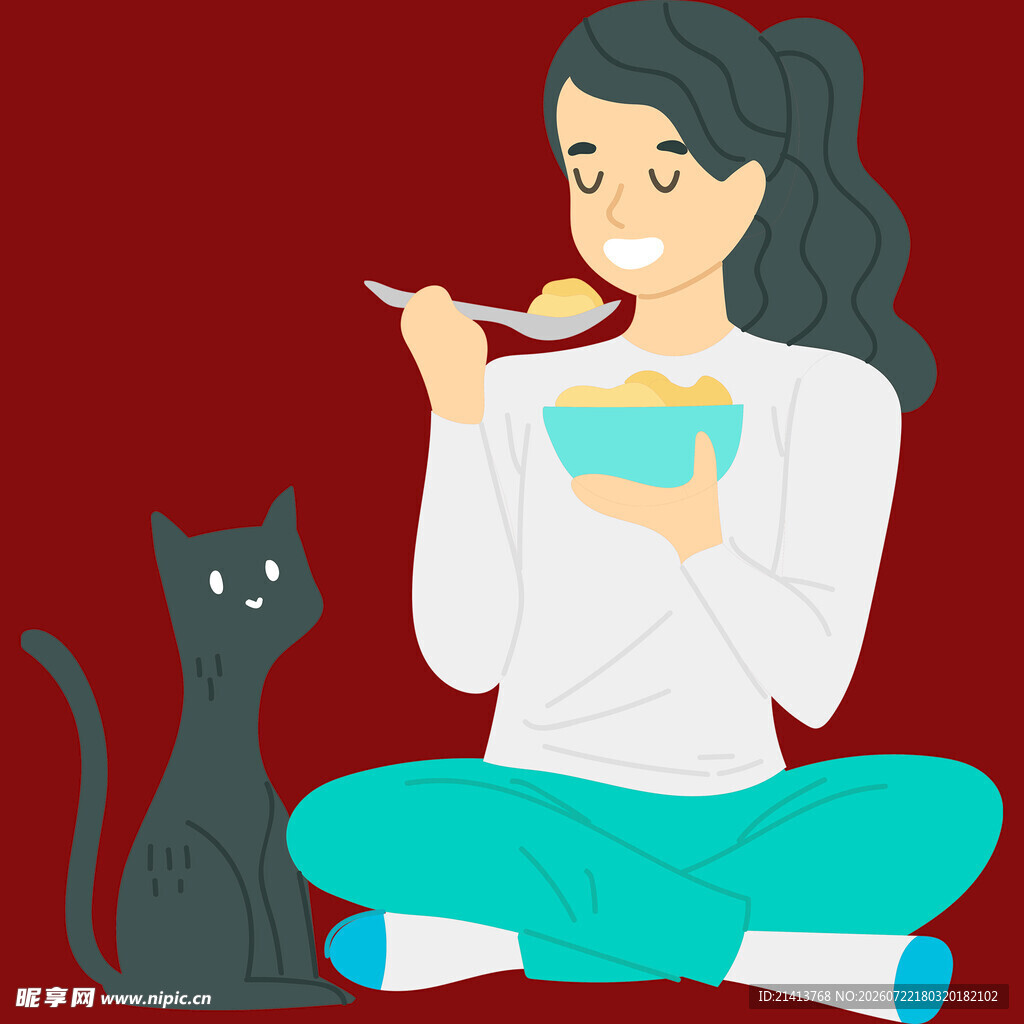 女孩与猫温馨共餐时刻