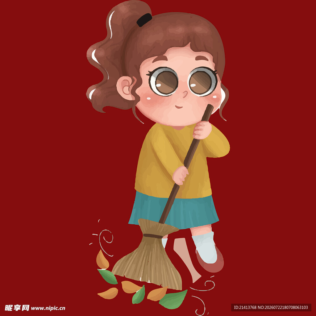 红衣女孩持扫帚打扫