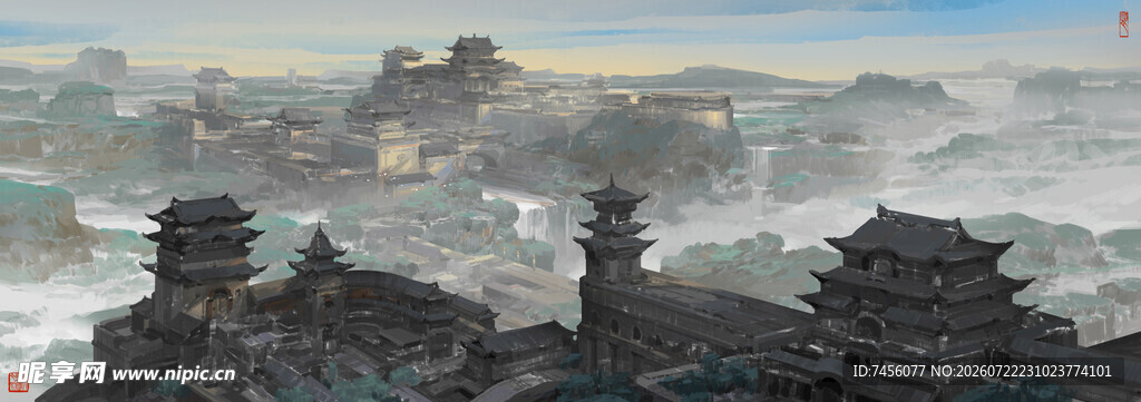 水墨风格古城远景图