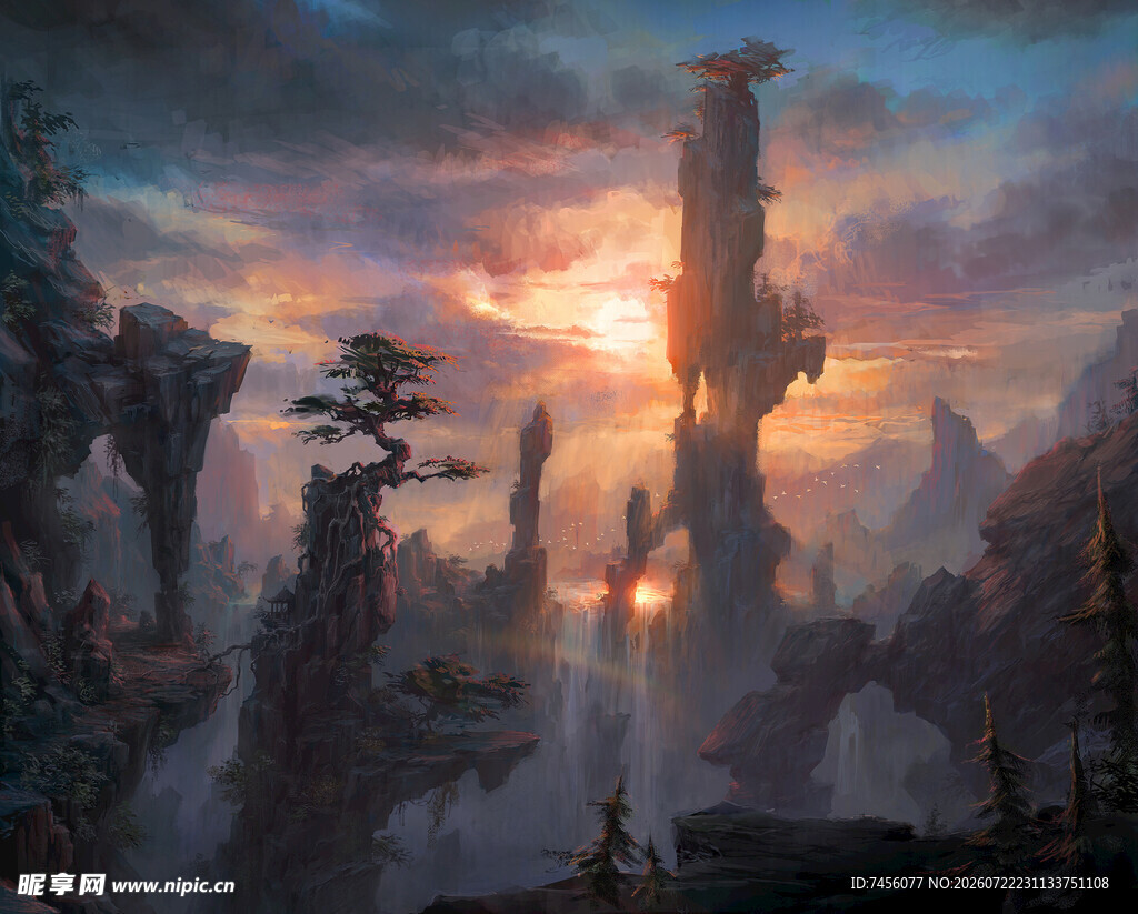 奇幻落日下的神秘悬空岩景