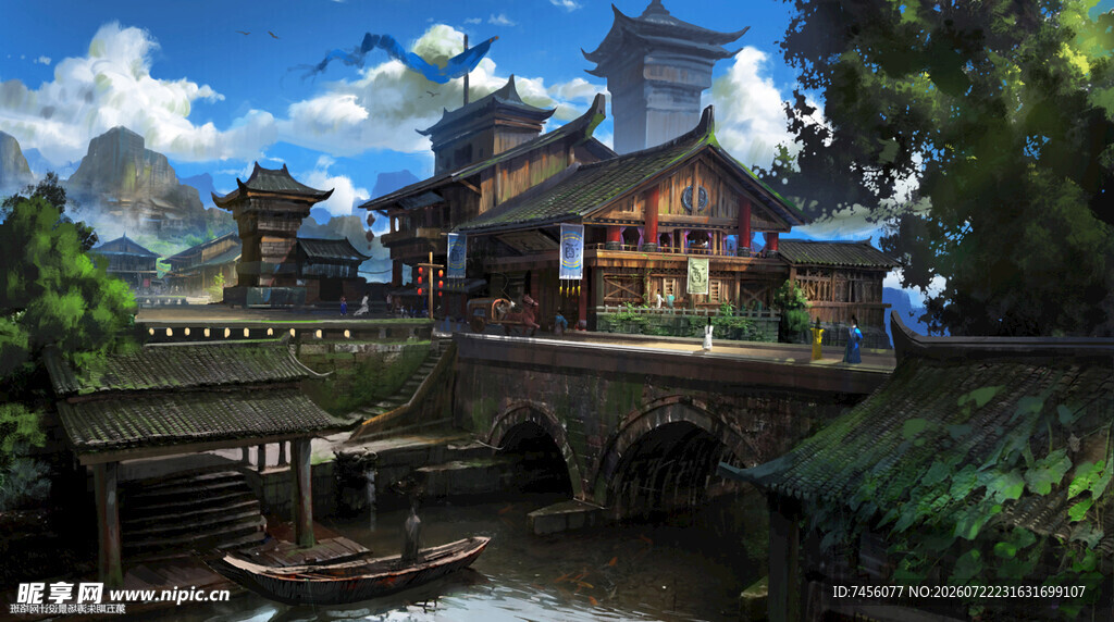 古风河畔中式建筑景观