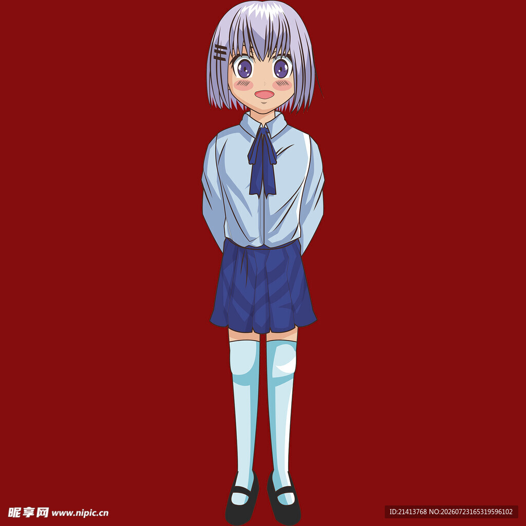 蓝裙灰发动漫少女形象
