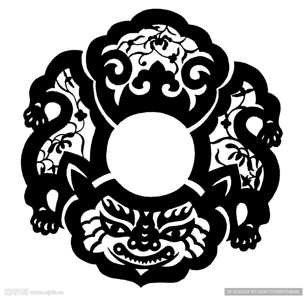 传统兽面纹剪纸图案