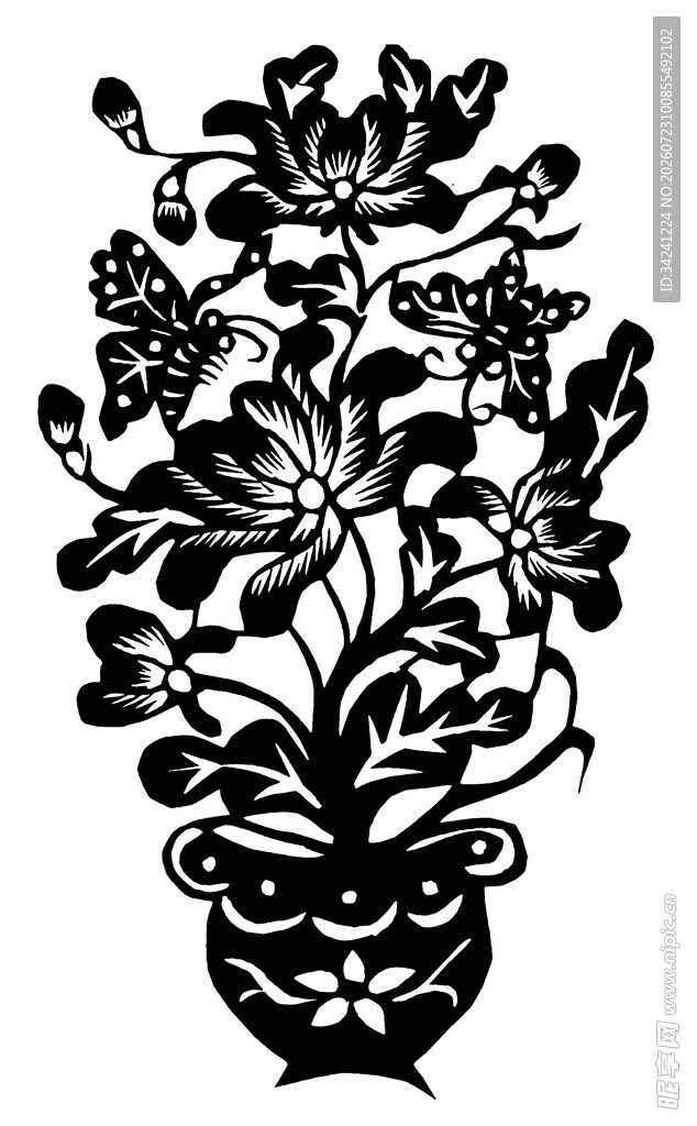 中式花卉剪纸花瓶图案
