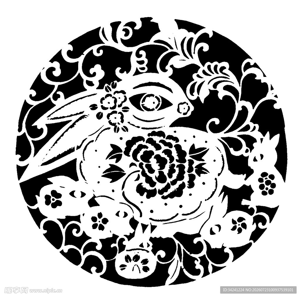 圆形兔纹花卉剪纸图案
