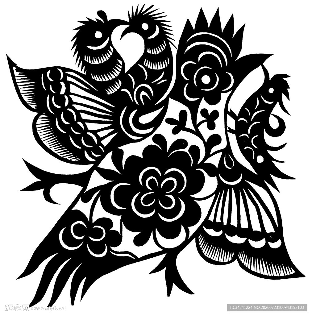 传统剪纸双鸟花卉图案