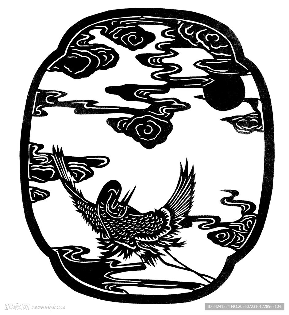 中式圆形仙鹤祥云图案