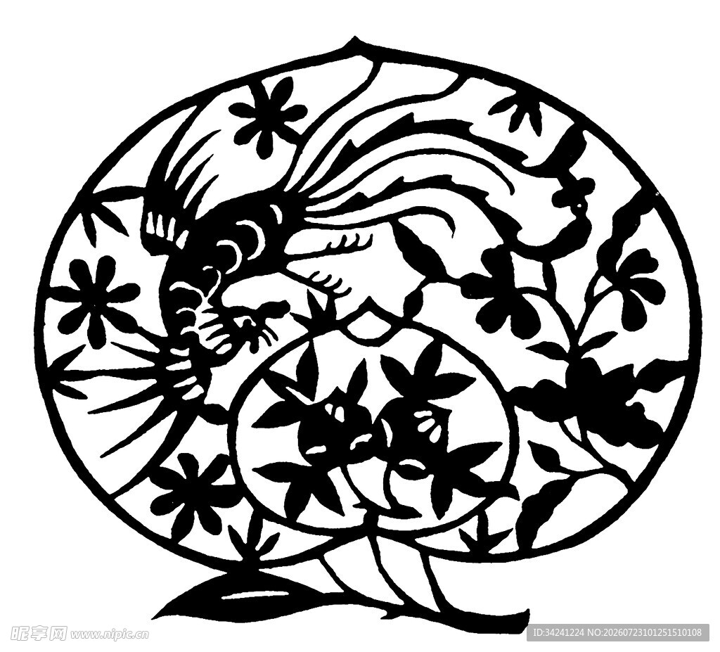 圆形花鸟剪纸艺术图案