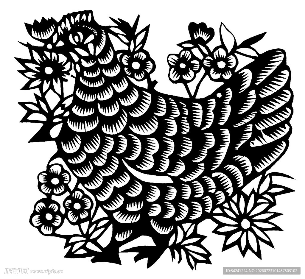 黑白剪纸风的花卉母鸡图