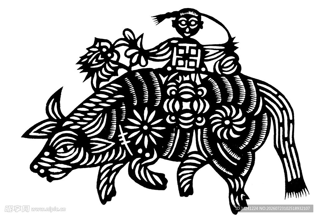 牧童骑牛剪纸艺术图案