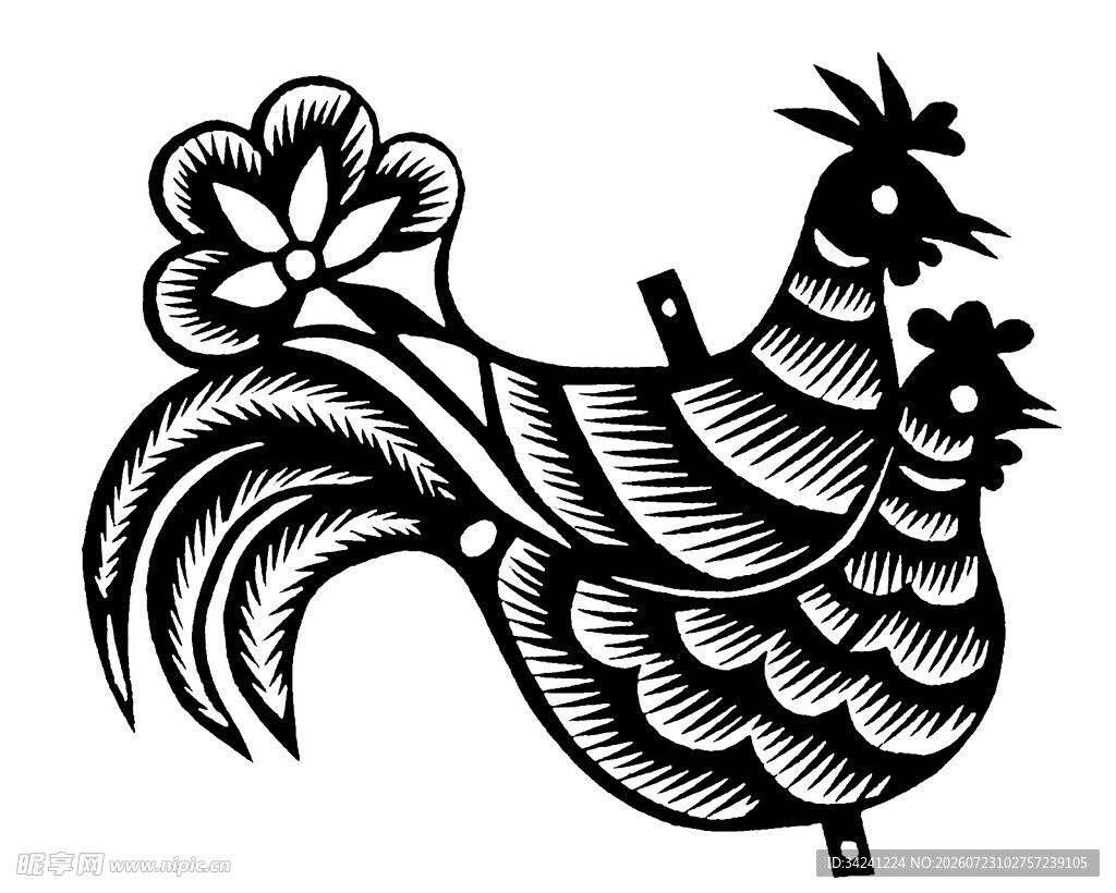 传统剪纸风双鸡图案