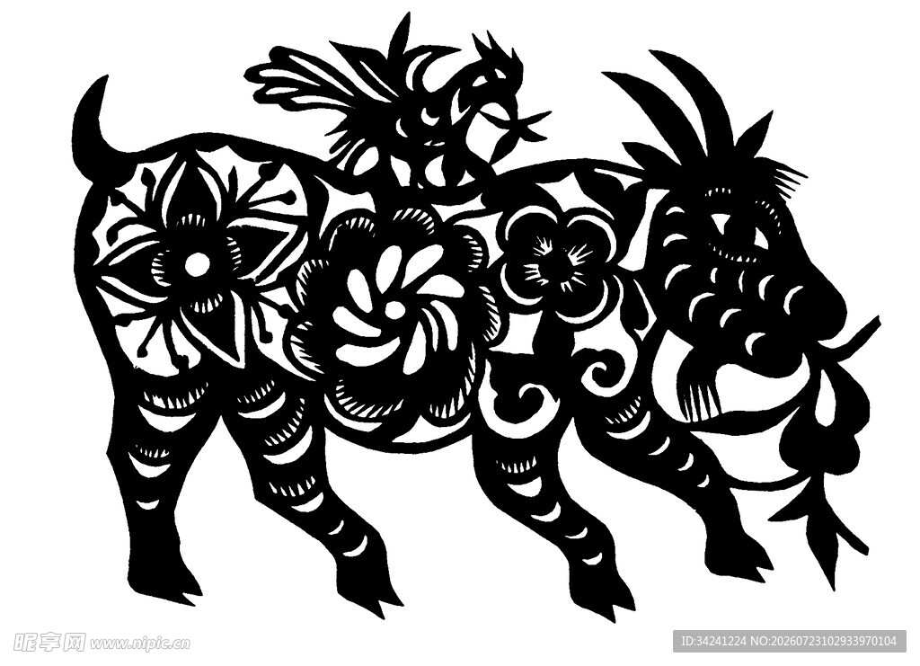 剪纸风野猪与飞鸟图案