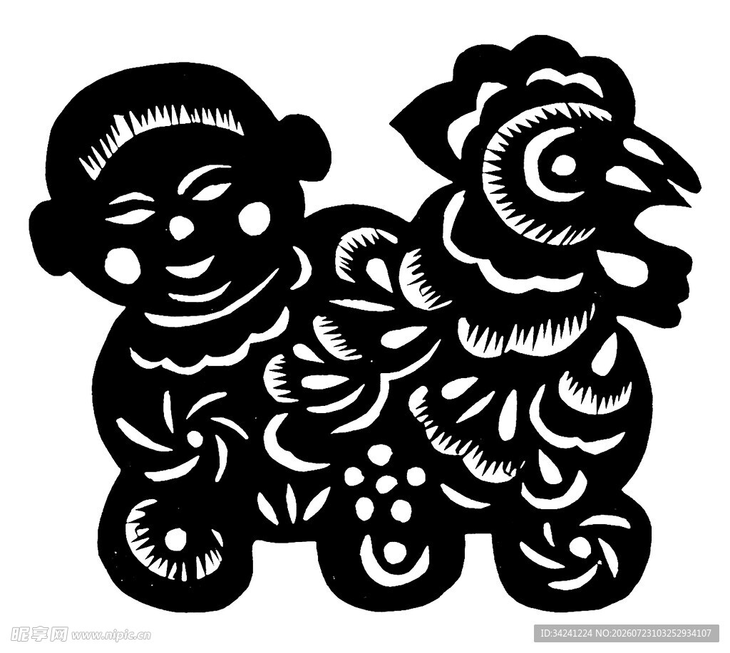 儿童与公鸡剪纸艺术