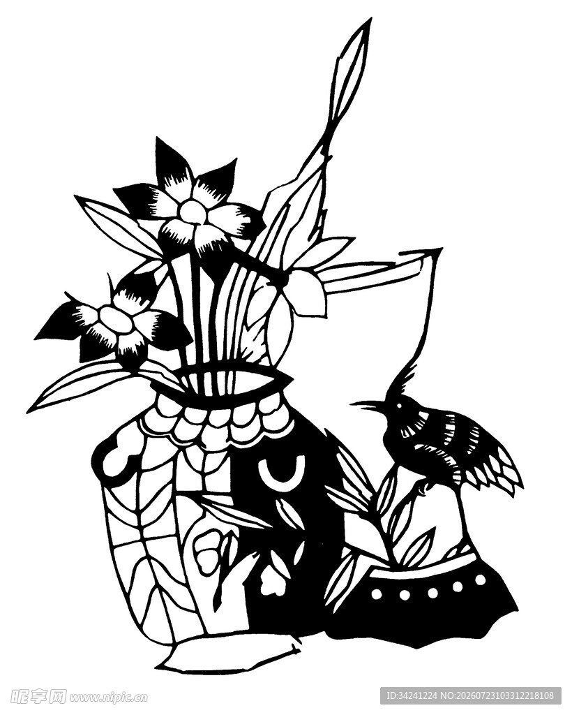 黑白剪纸花瓶与猫