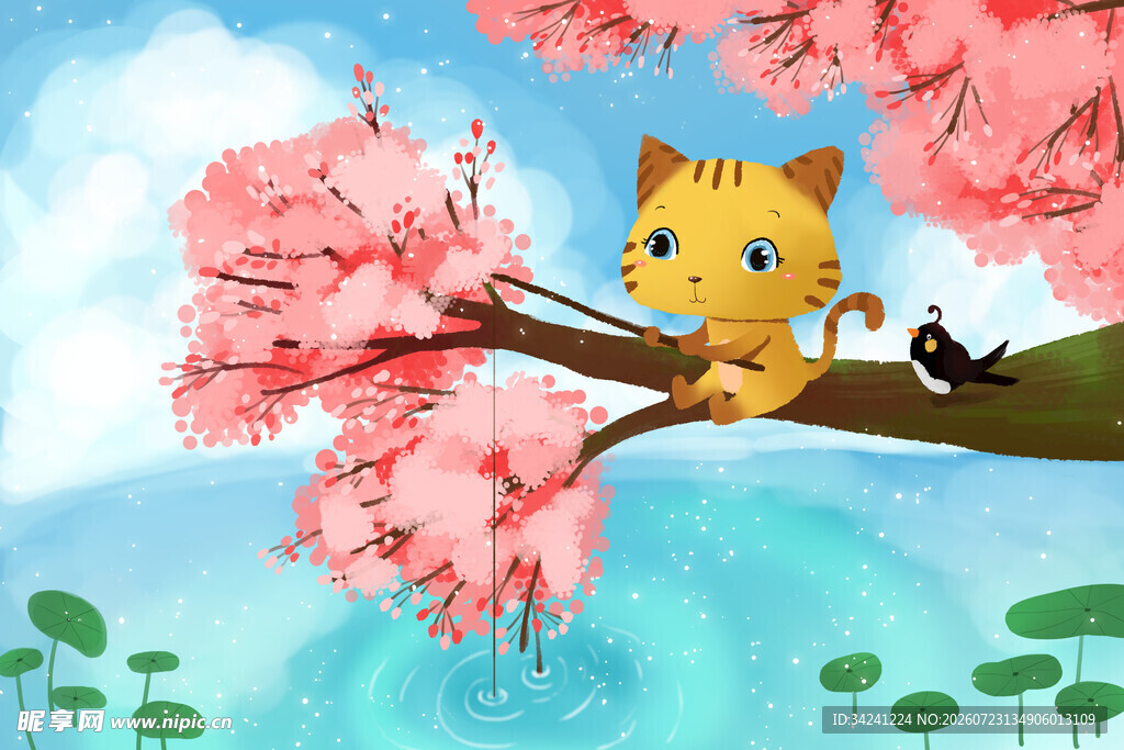 猫咪栖于盛开樱花枝头