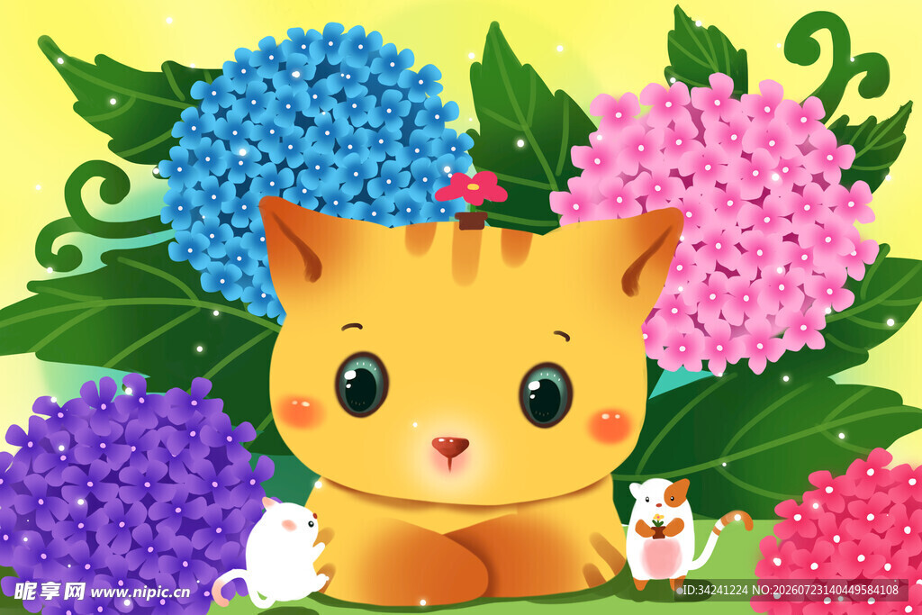 可爱小猫与缤纷绣球花
