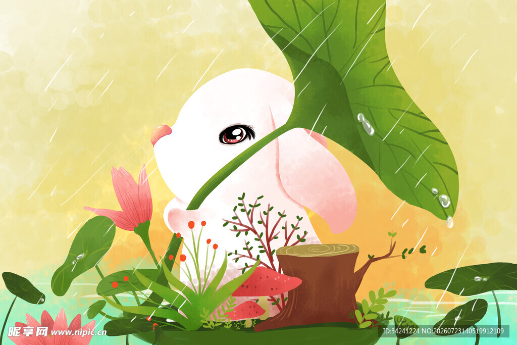 白兔置身花草绿叶间