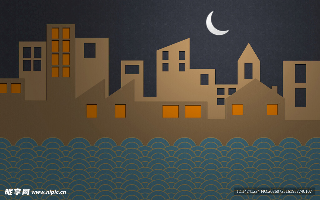夜晚海滨城市建筑景观
