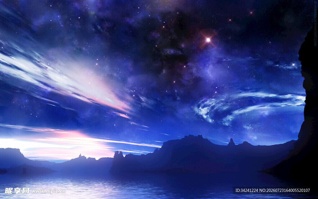 梦幻星空下的奇幻山水景色