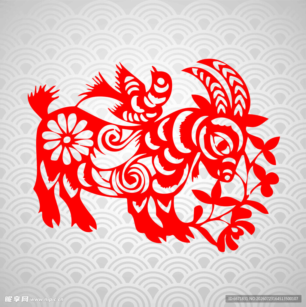 红色剪纸风吉祥羊图案