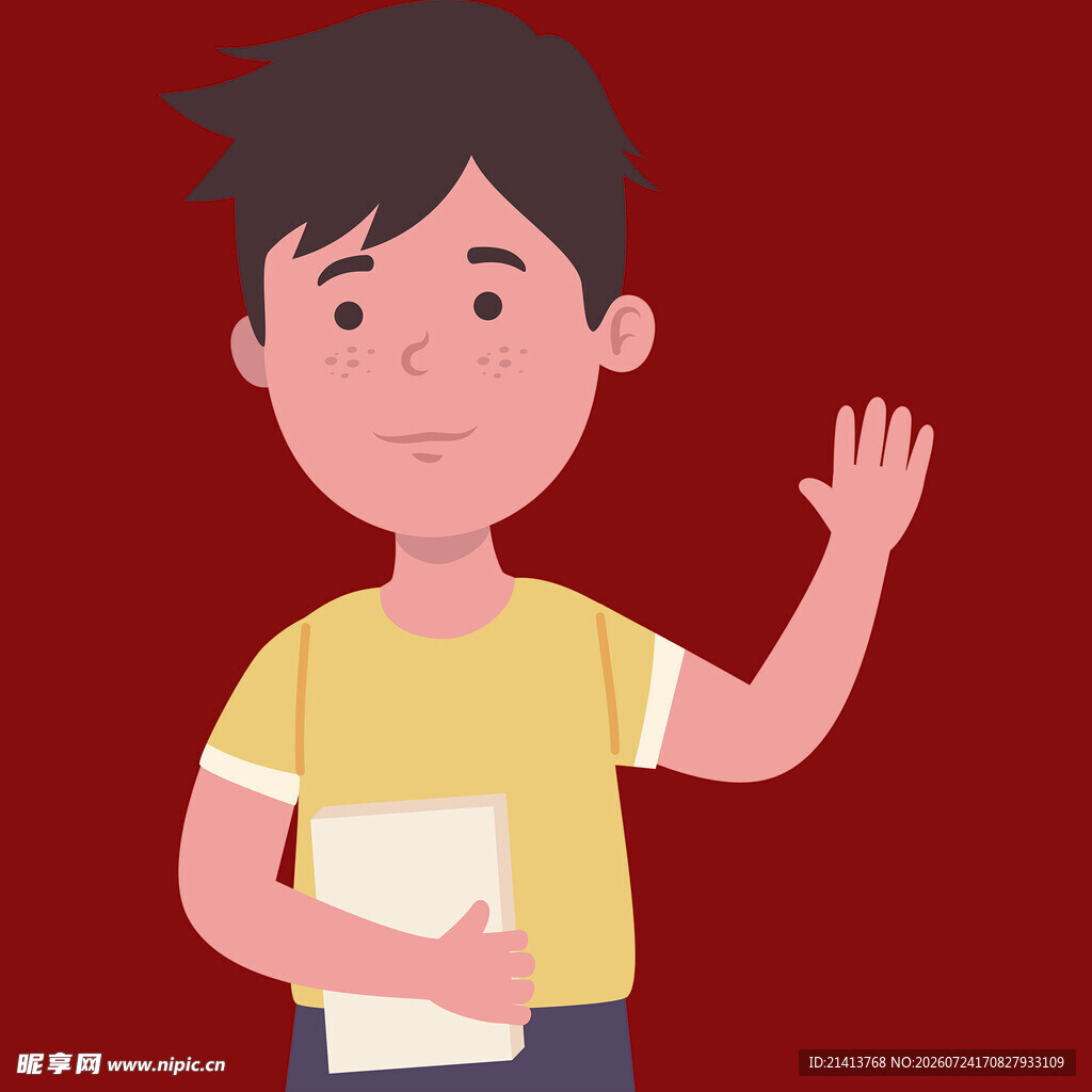 挥手男孩手持书本
