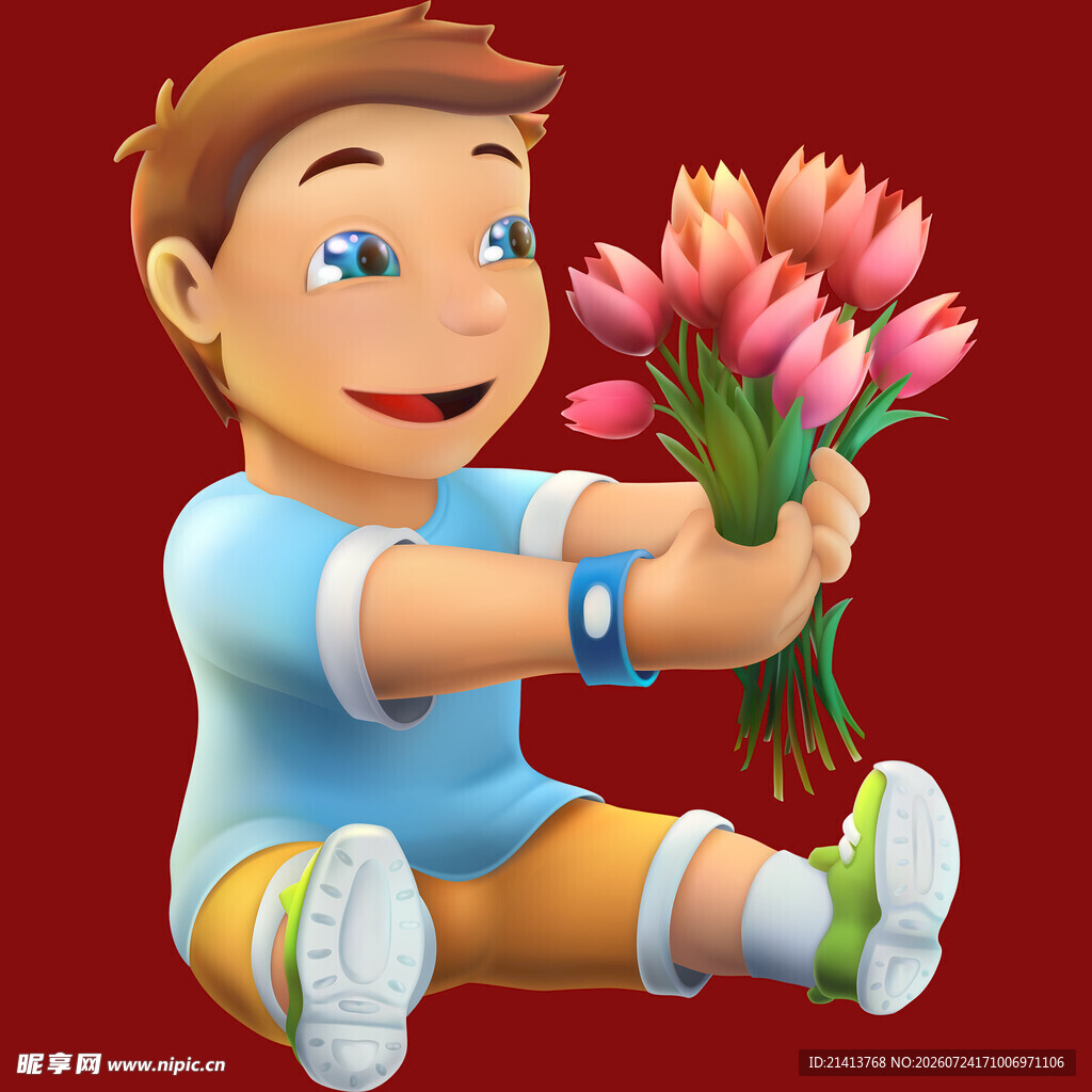 男孩手持美丽花束