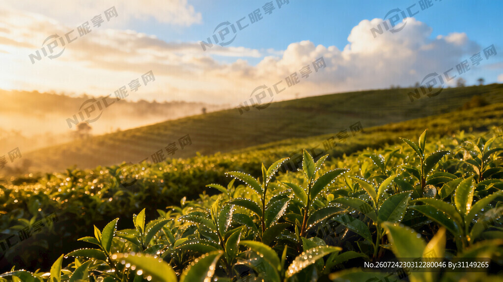 早晨的茶山远处有蓝天白云