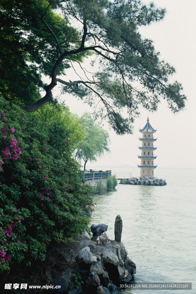湖畔古塔旁的秀丽景致