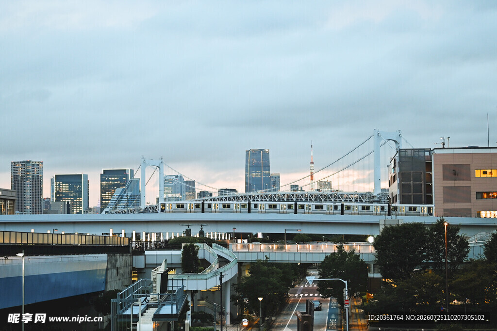 城市高架桥与天际线景观