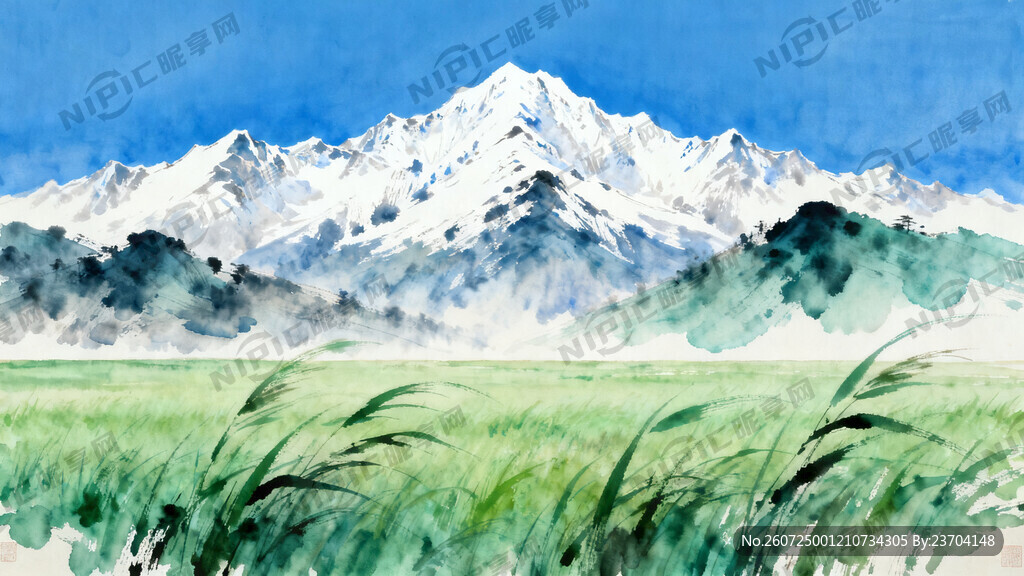 蓝天雪山草原背景图画出来