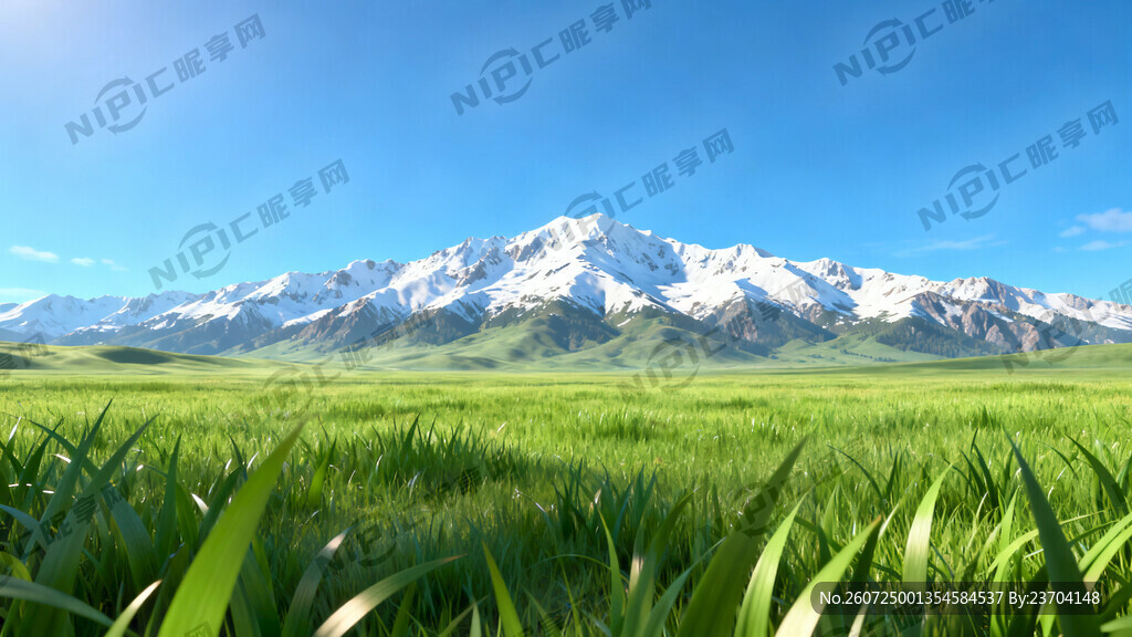 蓝天雪山草原背景图画出来