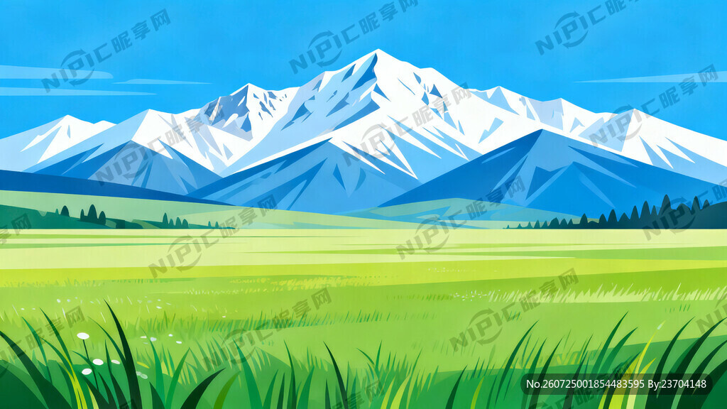 蓝天雪山草原背景图画出来