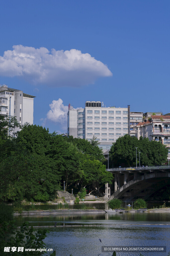 河畔城市风光与桥梁景色
