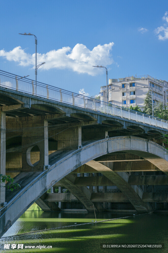 城市桥梁下的河畔风光