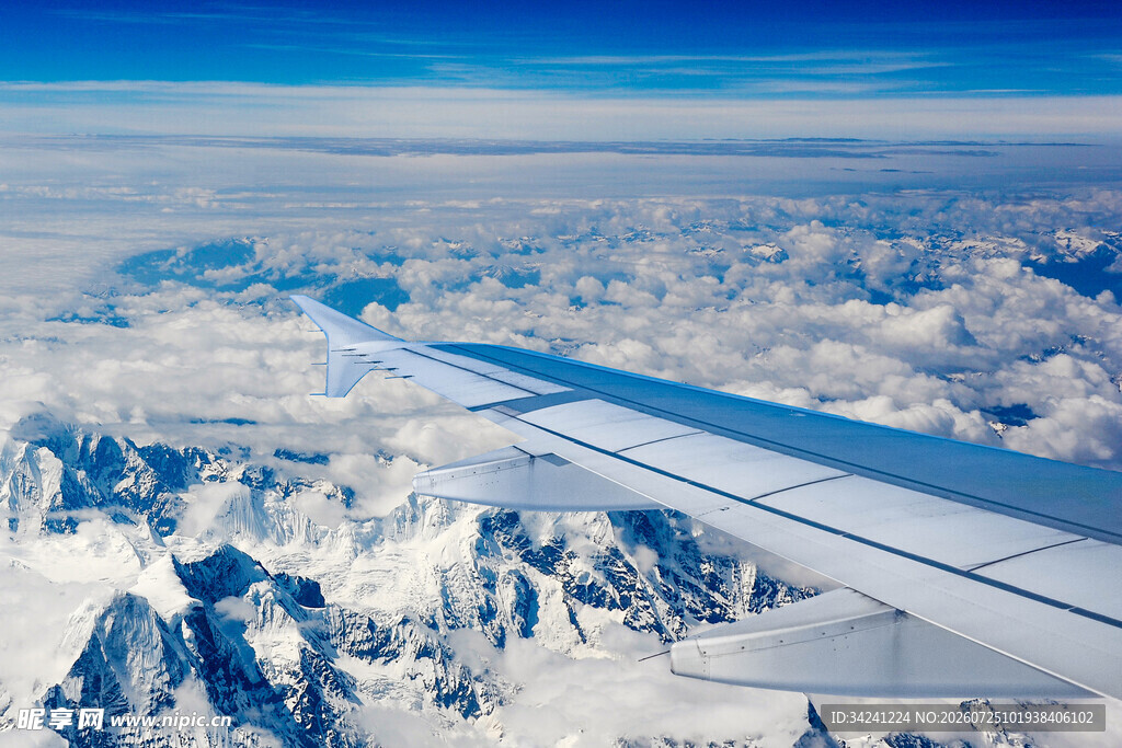 高空俯瞰雪山与飞机机翼