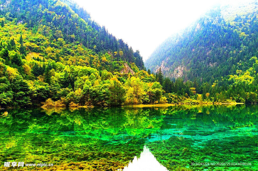 翠绿山水间的静谧湖泊