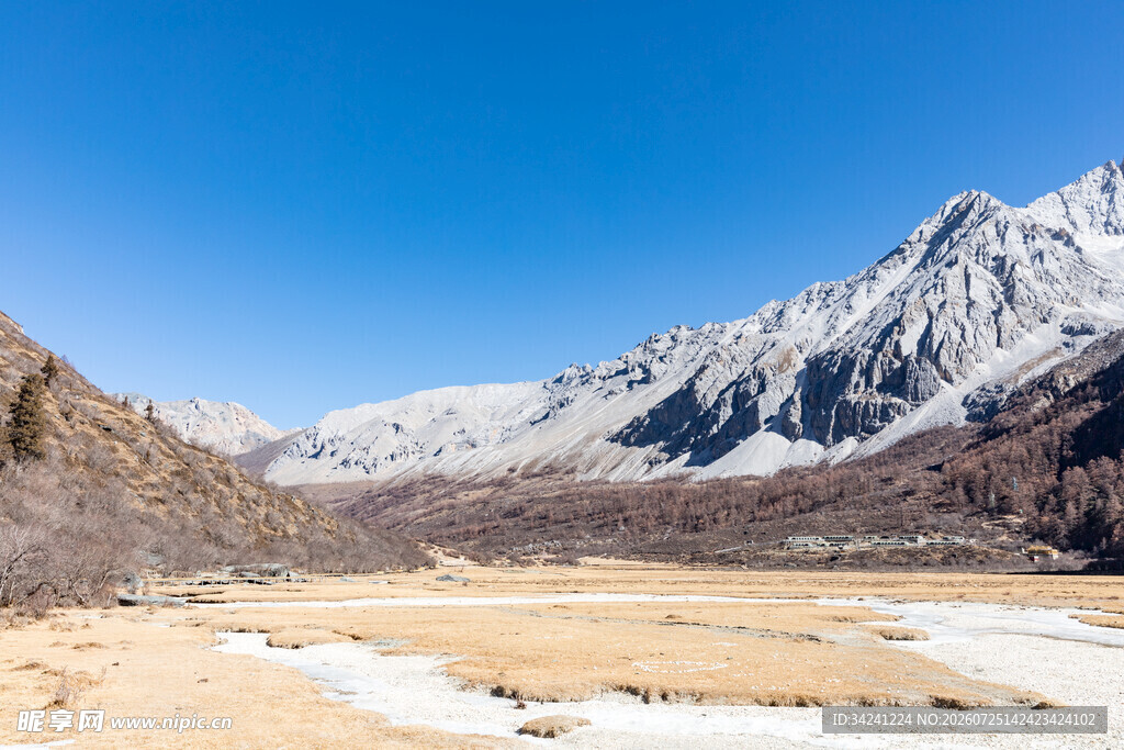 雪山下的开阔河谷风光