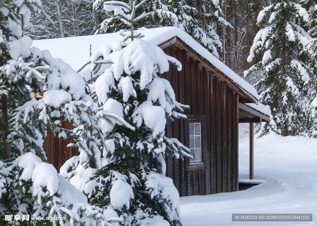 雪覆小屋冬日静谧景象