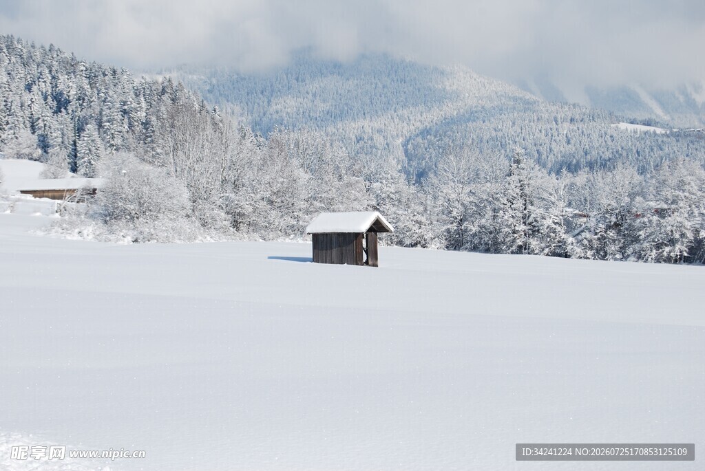 冬日雪景中的静谧小屋