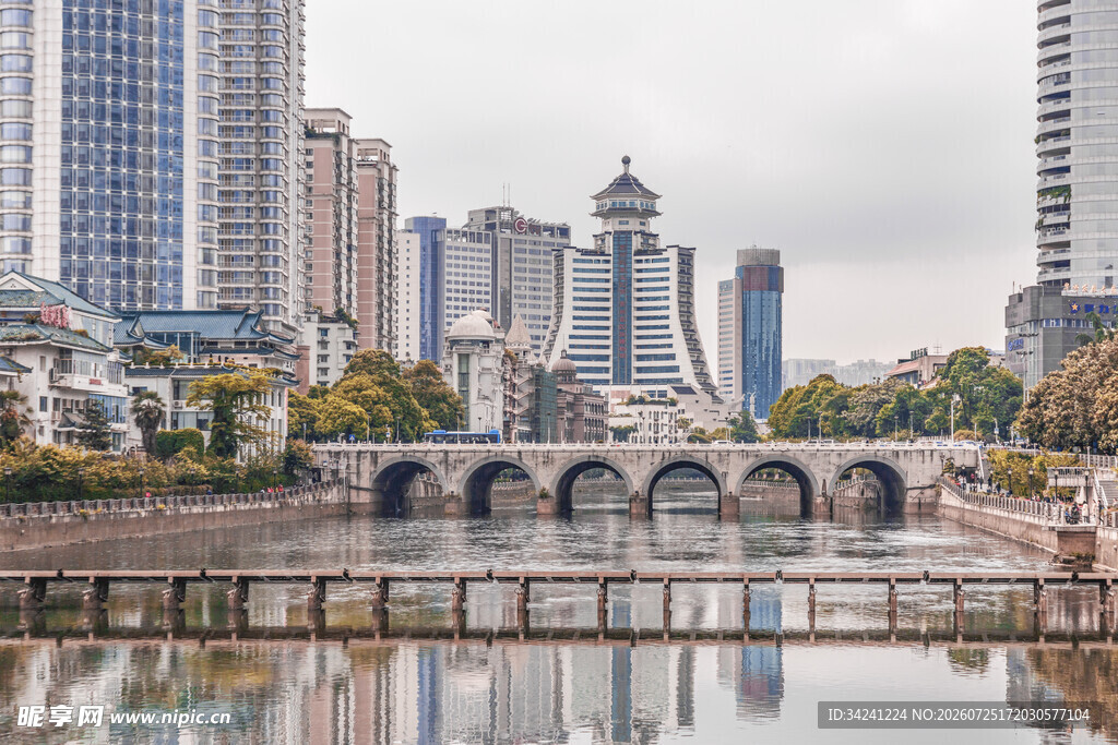 城市河畔桥梁与高楼景致