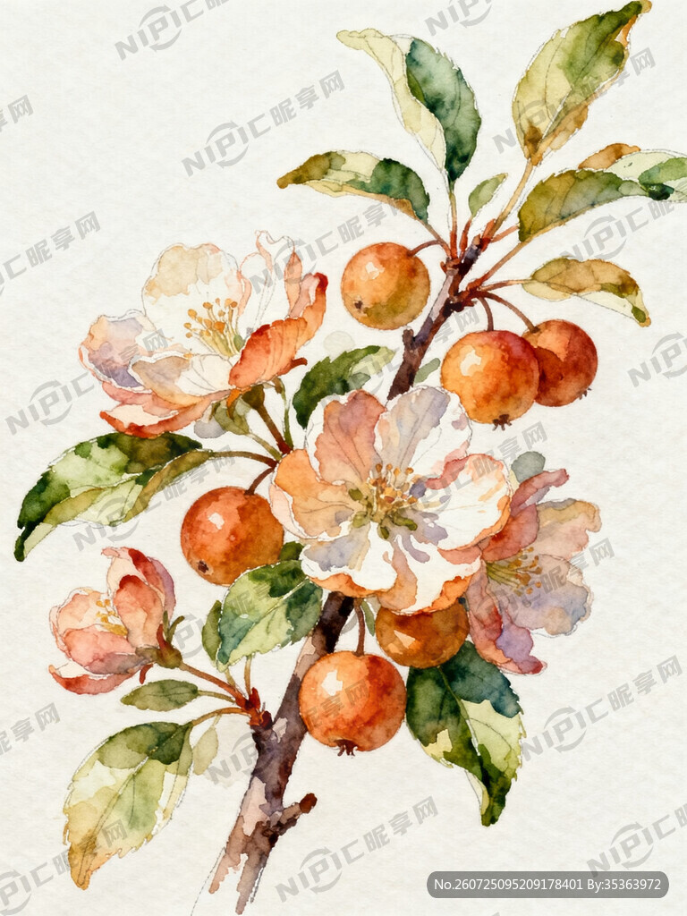 手绘花卉与果实枝头景致图片