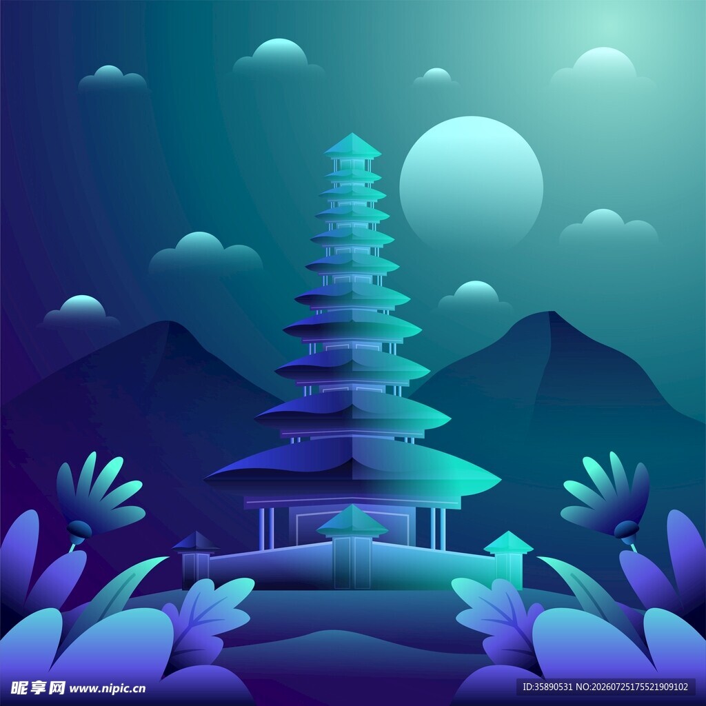 古塔夜景插画