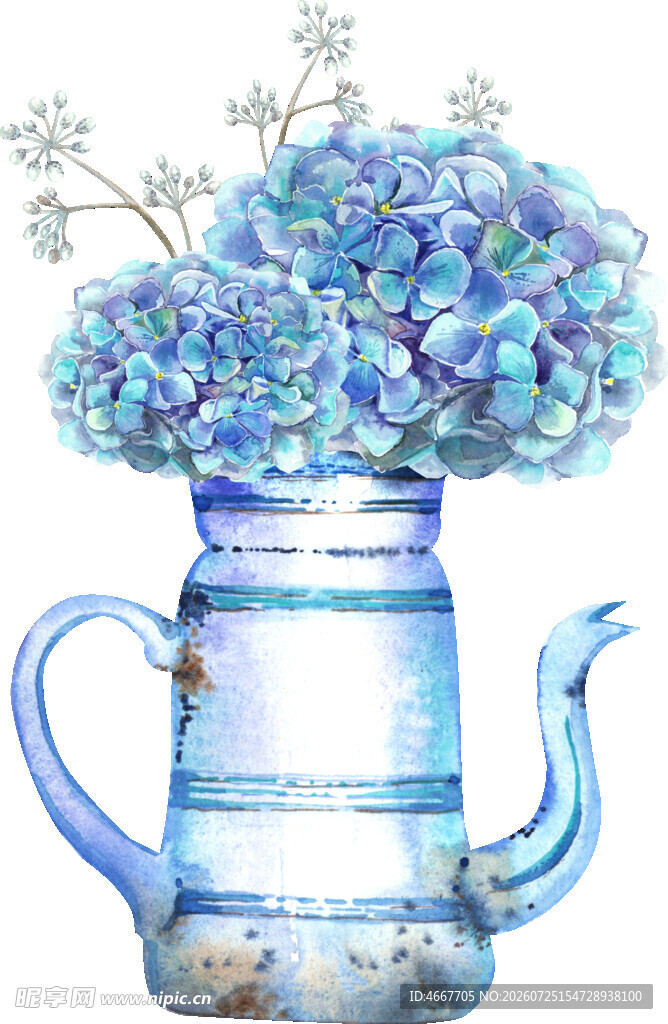 蓝花银壶水彩插画