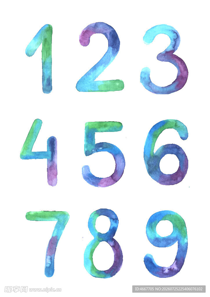 彩色水彩数字集合