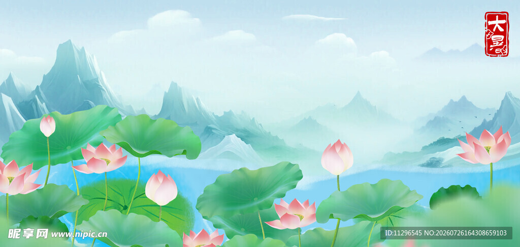 水墨山水间荷花背景