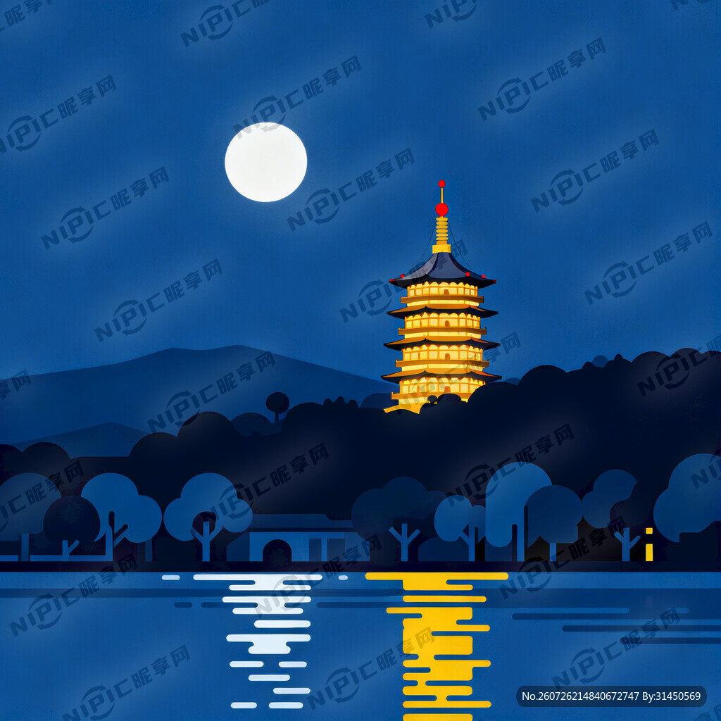 夜色山水 河边一座塔亮着灯光