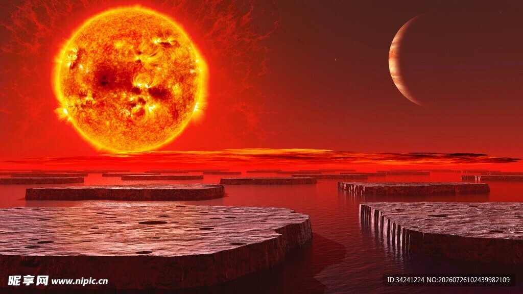 红色星球上的奇幻太阳景观