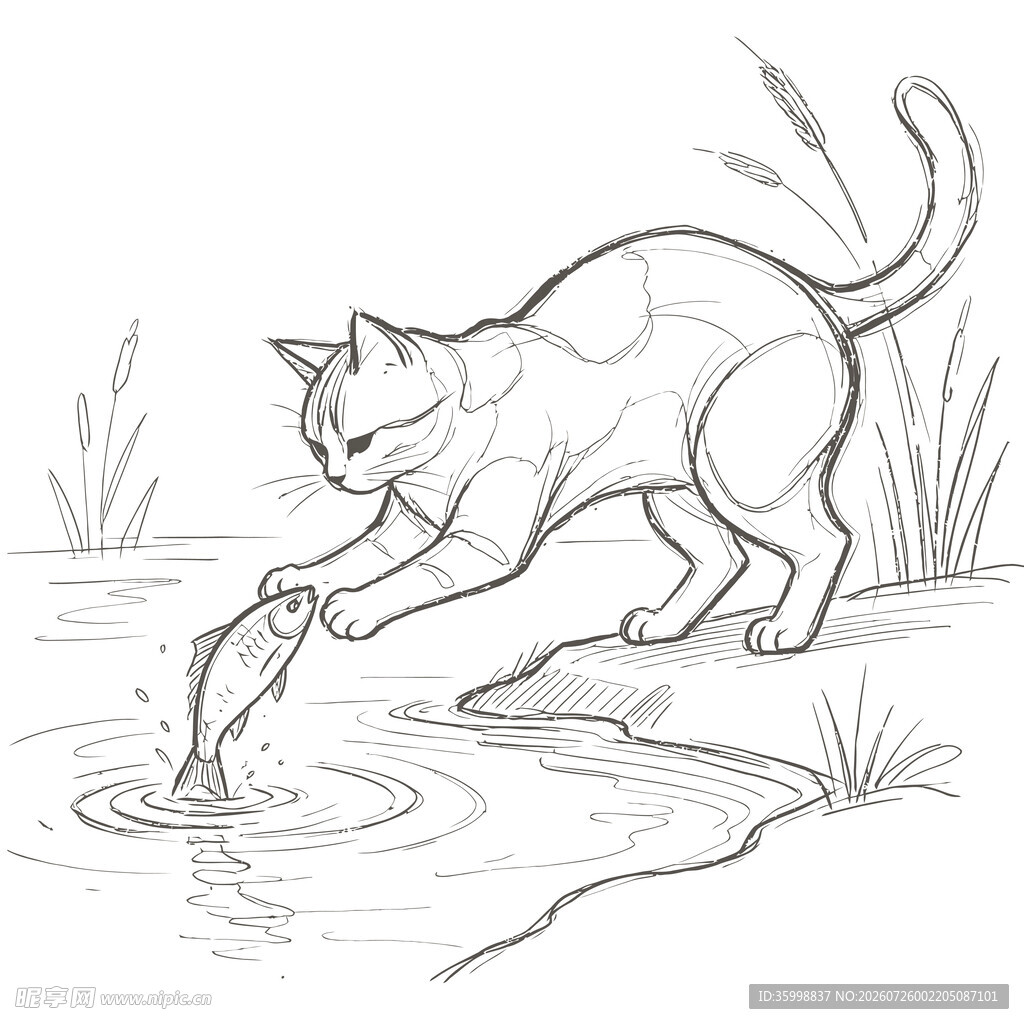 猫咪溪边抓鱼瞬间